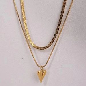 Minimalist double layer gold plated stainless steel snake chain necklace with heart pendant