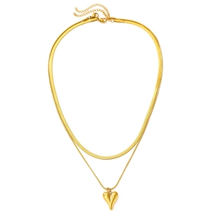 Detail of gold layered stainless steel flat snake chain with puffy heart pendant