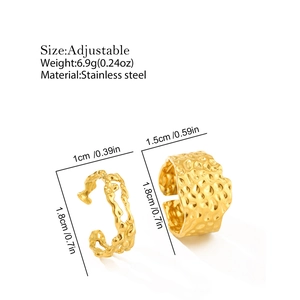 Detail of adjustable golden stainless steel rings with organic molten lava texture