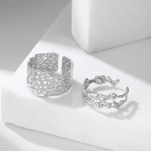 Lava texture stainless steel double layer open ring set with irregular hammered finish
