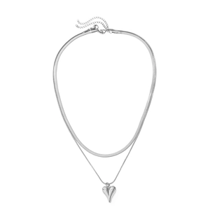 Minimalist silver double-layered snake chain necklace with a polished heart pendant