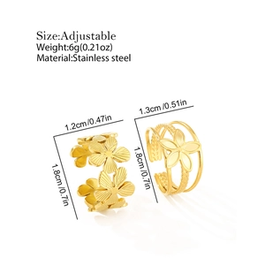 Detail showing two floral stainless steel rings with precise dimensions and weight specs