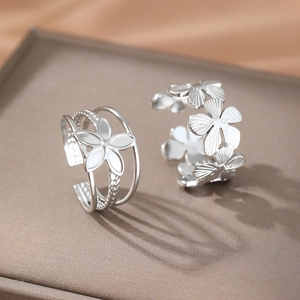 Two-piece silver stainless steel flower petal open rings with enamel floral accents