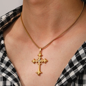 Collier Pendentif Croix Baroque En Acier Inoxydable Pour Hommes Femmes Vintage Gothique Sculpté Zircone Chaîne Boîte Bijoux