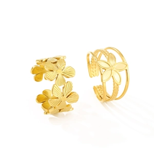 Two-piece set of golden stainless steel open rings with floral petal and carved relief designs