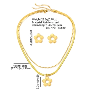 Detailed technical diagram of a golden stainless steel floral necklace and earring set