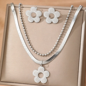 Elegant stainless steel silver flower jewelry set with double-layer necklace and earrings