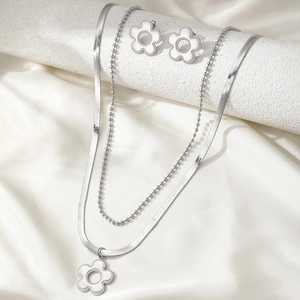 Delicate double-layer stainless steel flower necklace and stud earrings set for women