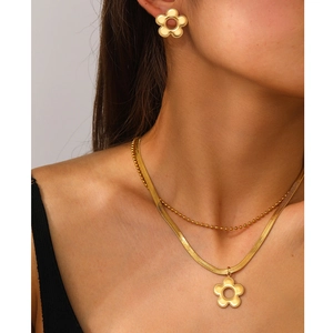 Stainless Steel Necklace And Earrings Hollow Flower Double Layer Snake Bone And Bead Chain Elegant Floral Jewelry Women