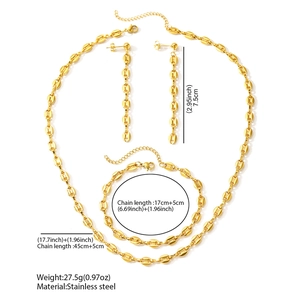 Detailed size and weight specifications for gold stainless steel coffee bean jewelry set