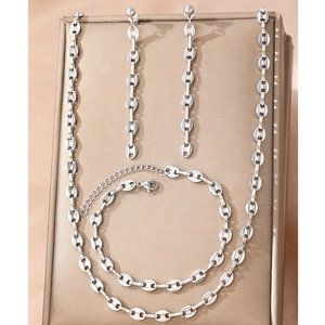 Silver-tone stainless steel coffee bean chain set including necklace, bracelet, and earrings