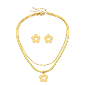 Elegant gold double-layered flower necklace and earring set with flat snake and bead chains