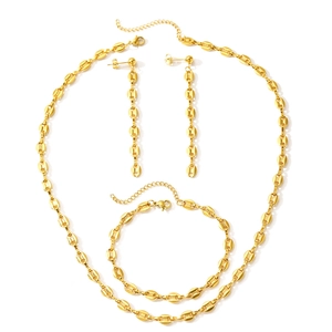 18K gold plated coffee bean link jewelry set including necklace, bracelet and earrings