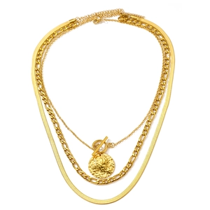 Triple layer stainless steel necklace featuring snake chain and coin pendant with OT clasp