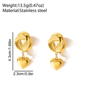 Detail view of gold heart earrings in stainless steel with twisted knot design and size specs