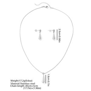 Detailed view of silver stainless steel teardrop necklace and earrings set dimensions