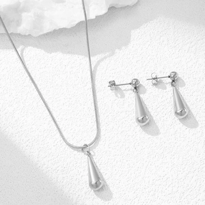 Silver teardrop necklace and earrings jewelry set with sleek snake chain for women