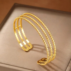 Minimalist adjustable three-layer beaded gold open bangle with geometric lines