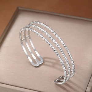 Three-layer silver beaded cuff bracelet with adjustable open design for women