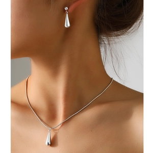 Teardrop Necklace And Earrings Jewelry Set Polished Stainless Steel Waterdrop Pendant Snake Chain Minimalist For Women
