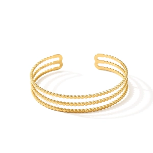 Minimalist gold stainless steel triple-layered open cuff bracelet with beaded texture