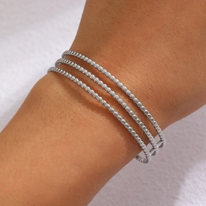 Three-layer silver beaded cuff bracelet made of minimalist stainless steel for women
