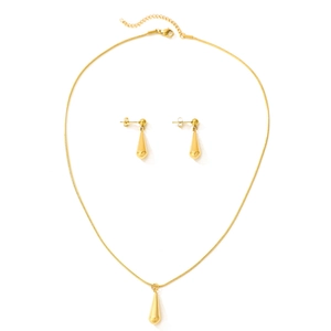 Polished golden stainless steel teardrop jewelry set with necklace and stud earrings
