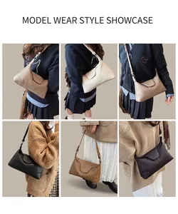 Collage of chic textured leather shoulder bags in beige, khaki, black, and brown colors
