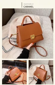 Vues détaillées d'un sac bandoulière marron caramel avec boucle dorée et poignée