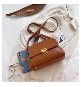 Detaillierte Draufsicht einer braunen Vintage-Ledertasche mit goldenem Verschluss auf Blazer