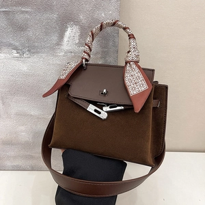 Vintage Suede PU Patchwork Handbag With Satin Scarf Handle Silver Hardware Lock Trapezoid Shoulder Bag For Women Daily Elegant Crossbody Tote Bag