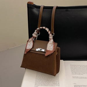 Retro brown suede Kelly handbag with silk scarf handle and silver metal lock closure