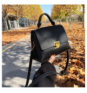 Détail du sac à main en cuir grainé noir avec fermoir doré dans un décor d'automne