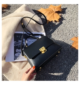 Detail einer Vintage-Handtasche aus schwarzem Leder mit goldenem Metallverschluss