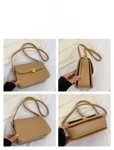 Detail view showing four angles of a minimalist camel crossbody bag with gold metal buckle