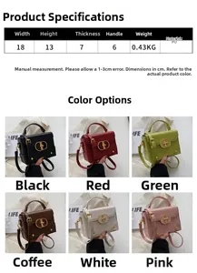 Detailed size specifications and multiple color options for the trendy PU leather square bag