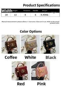 Quilted small square bags in PU material, showing size 18x13x8cm and multiple color options