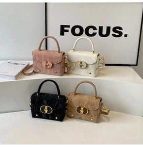 Four stylish pleated texture small square bags in pink, white, black, and caramel colors