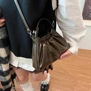 Fashionable dark olive green pleated cloud bag in shiny PU leather for women
