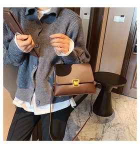Detail einer braunen Leder-Handtasche mit goldenem quadratischem Verschluss und Schultergurt