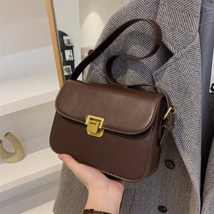 Women's Retro PU Leather Shoulder Bag Solid Color Square Crossbody Bag With Gold Metal Buckle Flap Daily Commute Handbag