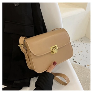 Classic camel faux leather flap crossbody bag with gold metal square push-lock hardware