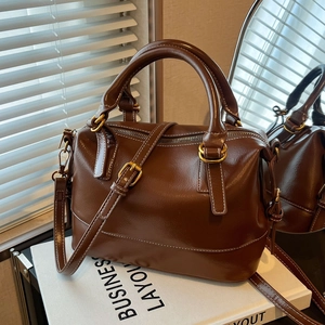 Retro Glänzende PU Leder Boston Handtasche Für Damen Vintage Kontrastnaht Umhängetasche Mit Goldener Hardware Täglicher Gebrauch