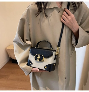 Detail of retro small square bag showing beige canvas, black leather and gold buckle