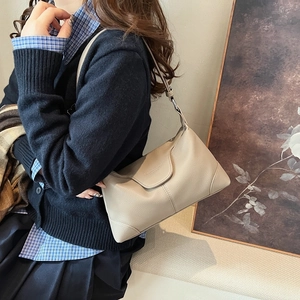 Litchi pattern leather shoulder bag for women, elegant beige underarm crossbody style