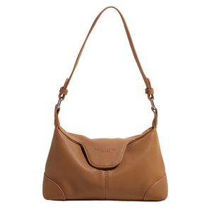 Caramel pebbled leather shoulder bag with adjustable strap and fashion flap design
