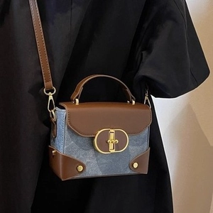 Vintage denim and brown leather square bag with gold CD buckle for women fashion