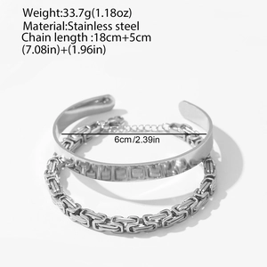 Detail view of silver stainless steel byzantine chain and cuff bracelet set with dimensions