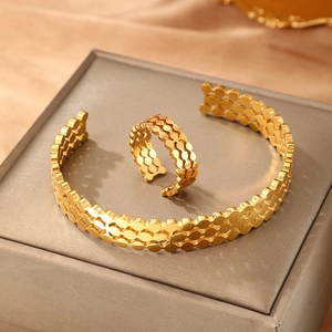 18K gold plated stainless steel open bangle and ring set with textured bead design