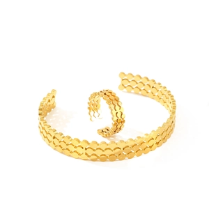 18K gold plated stainless steel open bangle and ring set with hollow bead patterns